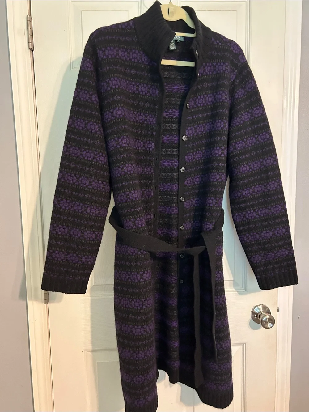 Ralph Lauren Women's Long Button-Front Sweater Coatigan in Black & Purple
